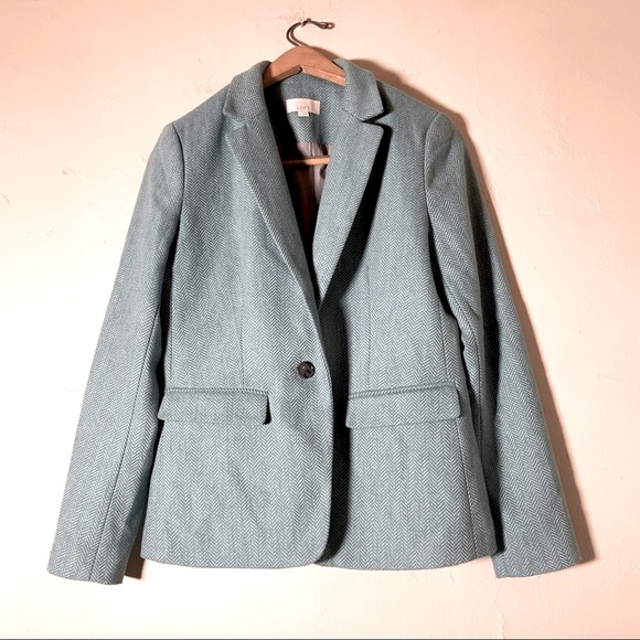 Loft wool mix blue and white herringbone blazer button front pocket sz 4 stylish - Picture 1 of 9